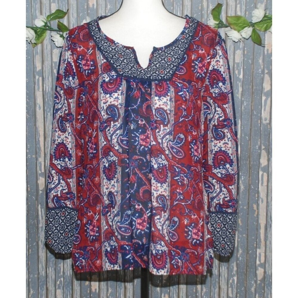 Dressbarn Ladies Red & Blue Blouse Size L Sheer Long Sleeve V-Neck Paisley Print